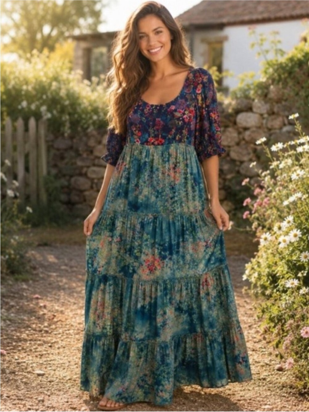 Natural Life Collette Tiered Maxi Dress in Navy Turquoise Floral XL Boho Cottage
